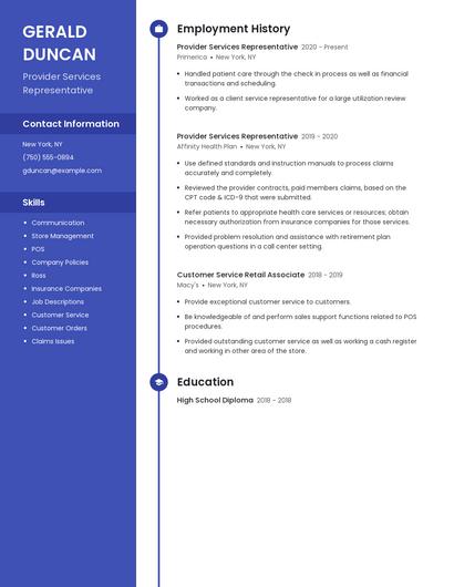 Provider Services Representative Resume
