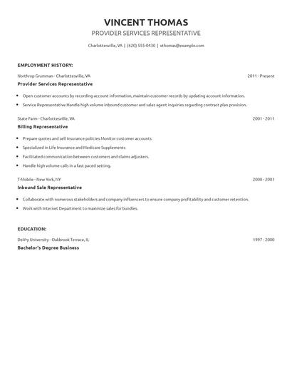 Provider Services Representative Resume