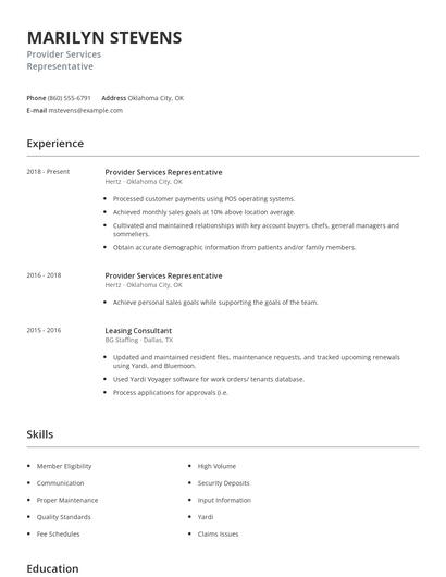 Provider Services Representative Resume