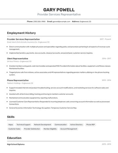 Provider Services Representative Resume