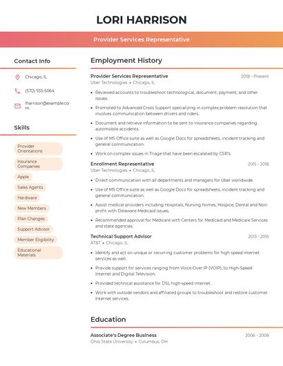 Provider Services Representative Resume