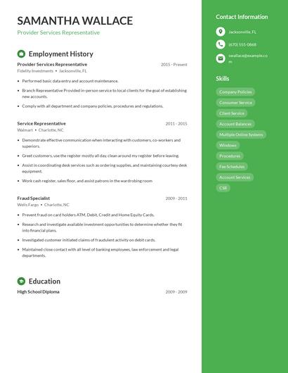 Provider Services Representative Resume