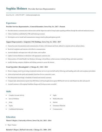 Provider Services Representative Resume