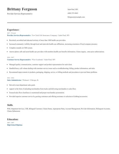 Provider Services Representative Resume