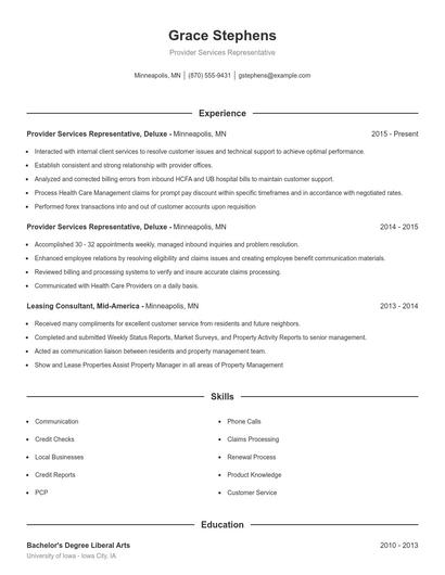 Provider Services Representative Resume