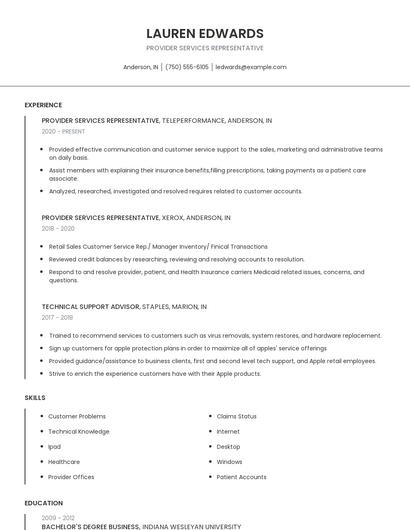 Provider Services Representative Resume