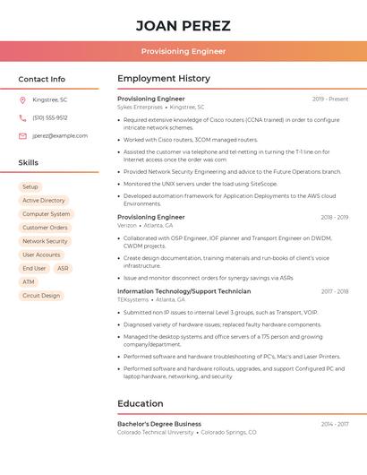 Provisioning Engineer Resume