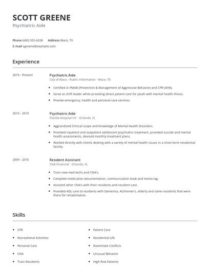 Psychiatric Aide Resume