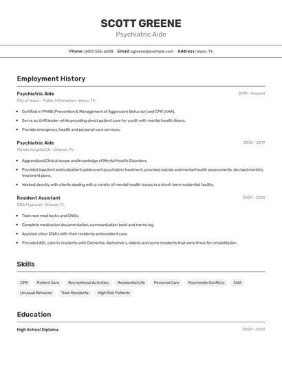 Psychiatric Aide Resume