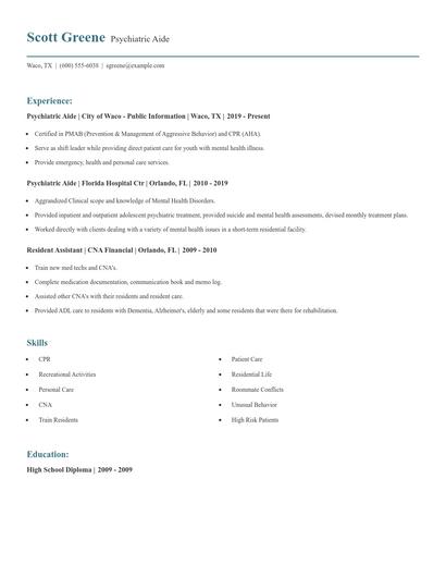 Psychiatric Aide Resume