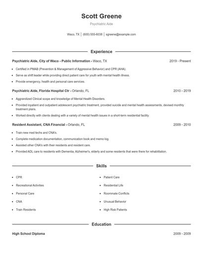 Psychiatric Aide Resume