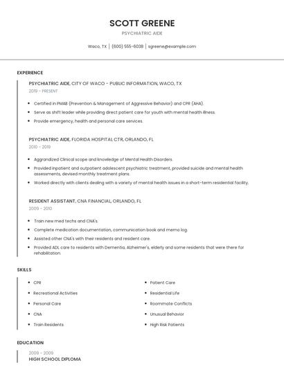 Psychiatric Aide Resume