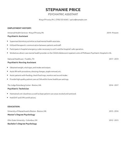 Psychiatric Assistant Resume