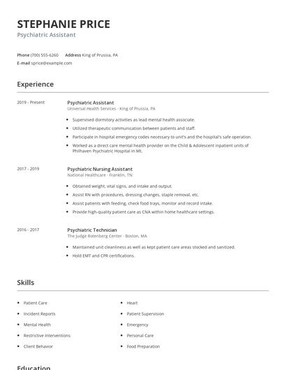 Psychiatric Assistant Resume