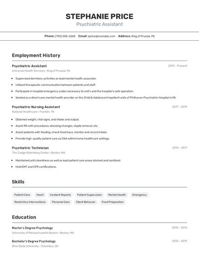 Psychiatric Assistant Resume