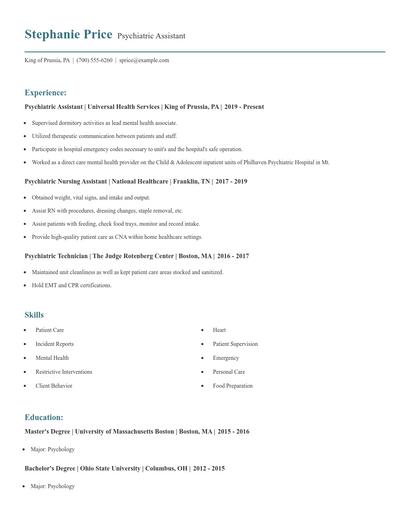 Psychiatric Assistant Resume