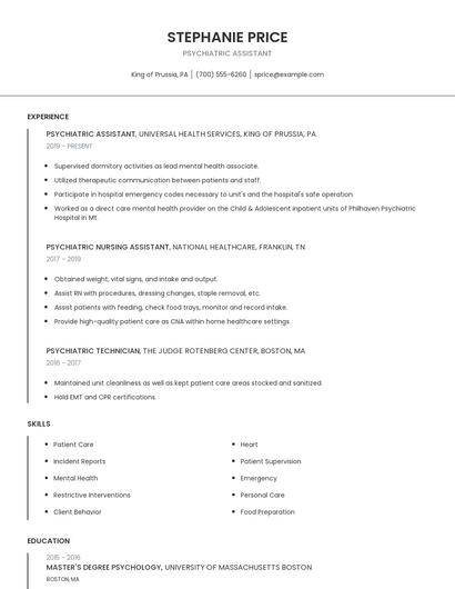 Psychiatric Assistant Resume