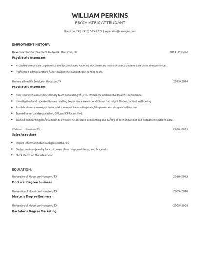 Psychiatric Attendant Resume