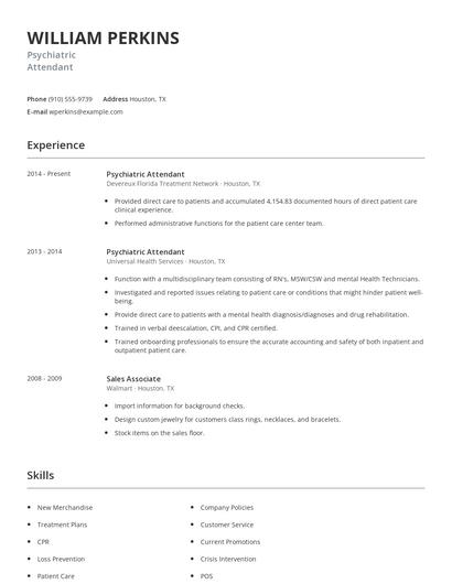 Psychiatric Attendant Resume