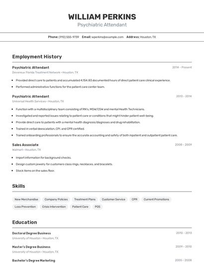 Psychiatric Attendant Resume