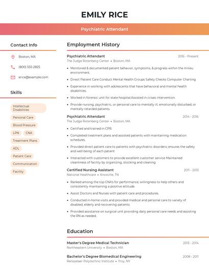 Psychiatric Attendant Resume