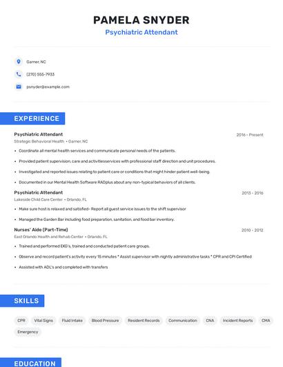 Psychiatric Attendant Resume