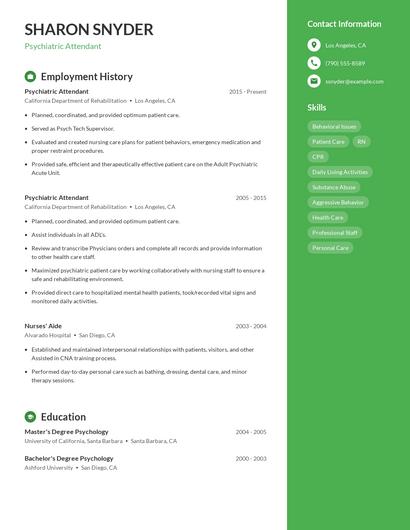 Psychiatric Attendant Resume
