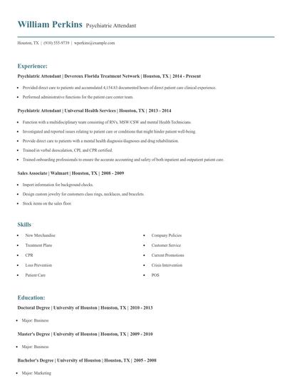 Psychiatric Attendant Resume