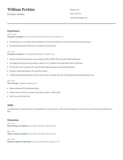 Psychiatric Attendant Resume