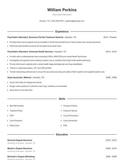 Psychiatric Attendant Resume