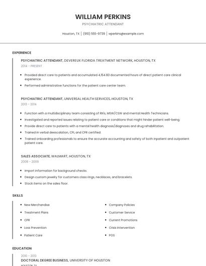 Psychiatric Attendant Resume