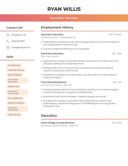 Psychiatric Secretary Resume