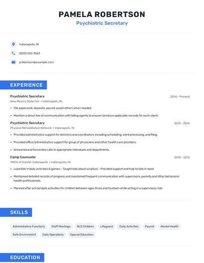 Psychiatric Secretary Resume