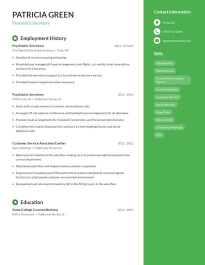 Psychiatric Secretary Resume