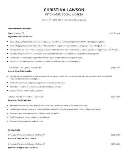 Psychiatric Social Worker Resume