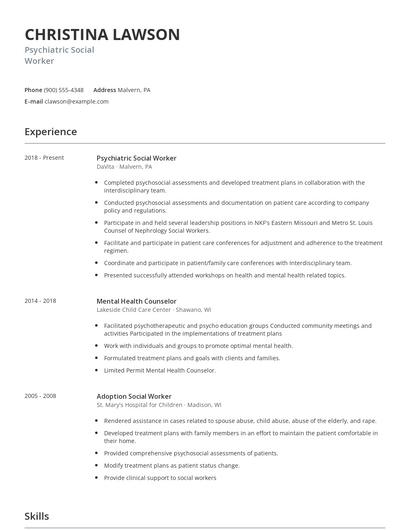 Psychiatric Social Worker Resume