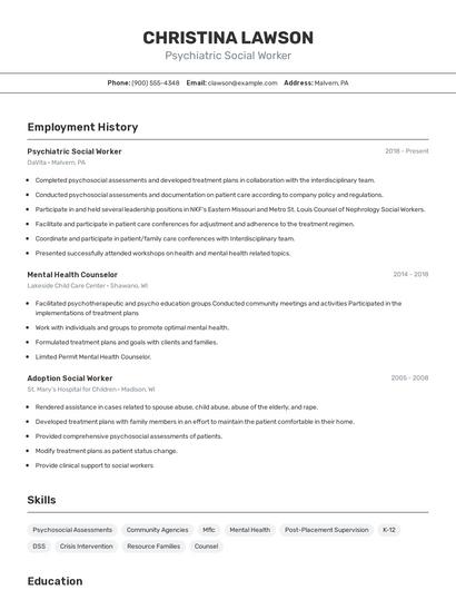 Psychiatric Social Worker Resume