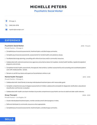 Psychiatric Social Worker Resume