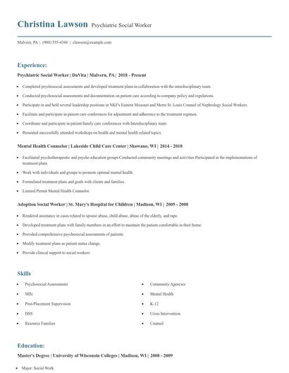 Psychiatric Social Worker Resume