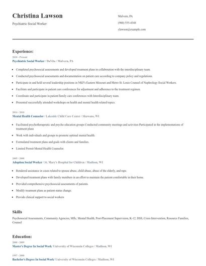 Psychiatric Social Worker Resume