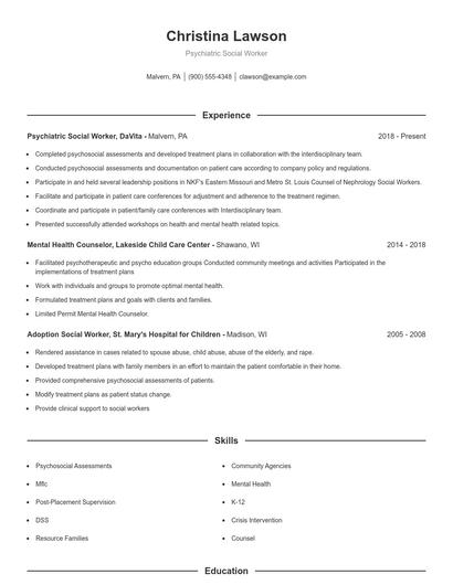 Psychiatric Social Worker Resume