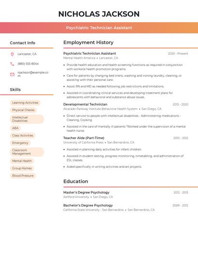 Psychiatric Technician Assistant Resume
