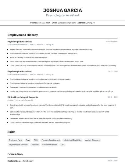 Psychological Assistant Resume
