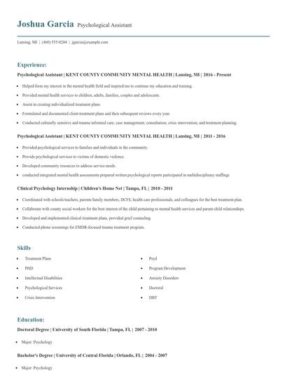 Psychological Assistant Resume