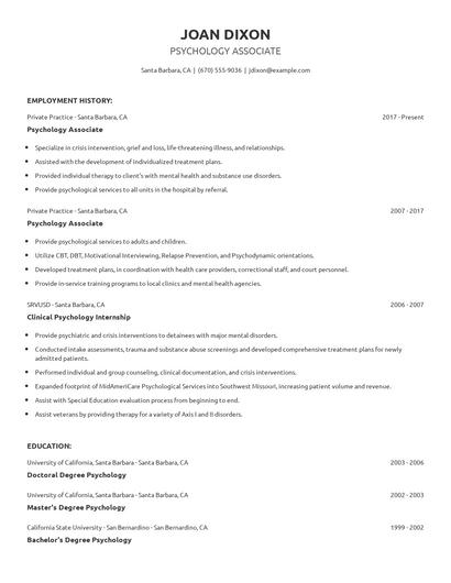 Psychology Associate Resume
