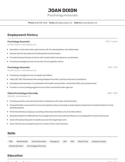 Psychology Associate Resume