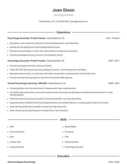 Psychology Associate Resume