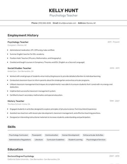Psychology Teacher Resume