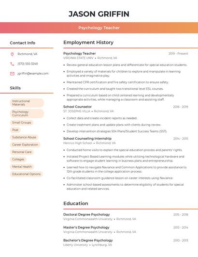 Psychology Teacher Resume