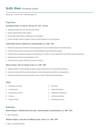 Psychology Teacher Resume